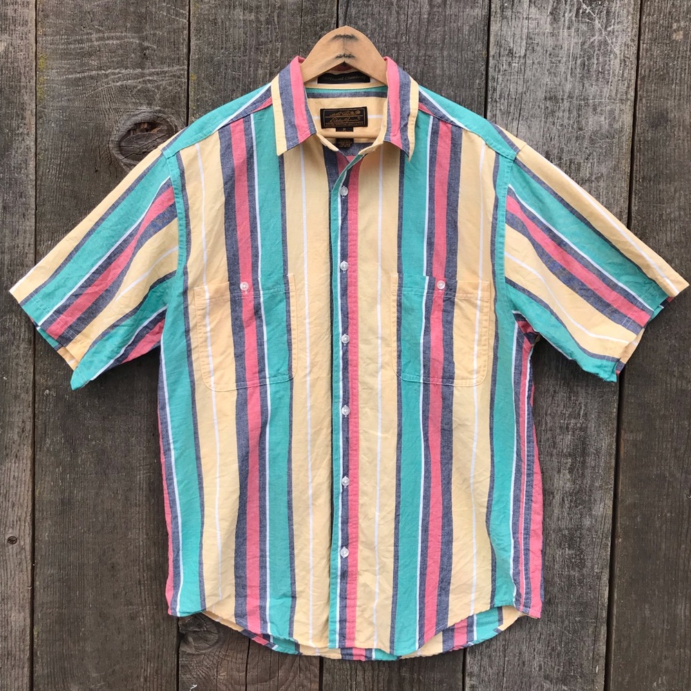 VTG 80s-90s Eddie Bauer Northwest Chambray Primary Stripe Casual Shirt Medium